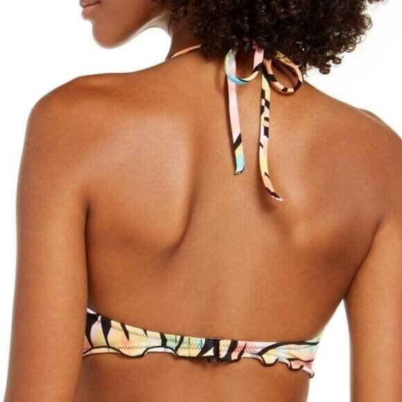 Sundazed Multicolor Palm Print Bikini Top With Ruffle Trim & Adjustable Halter T - Picture 2 of 6
